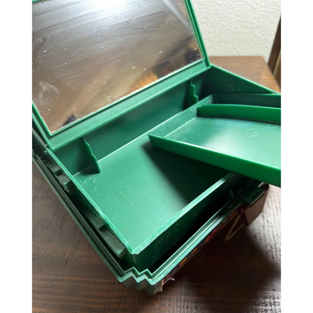 VTG Sassaby Makeup Train Case Green Floral Washable Fabric Mirror 90s Made In US